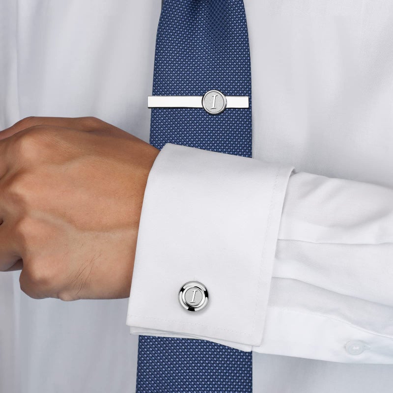 AMITER Cufflinks and Tie Bar Set for Men Silver Initials A-Z Formal Business Wedding Tuxedo Shirts (I(2Cufflink+Tie Clip)) - Image 2
